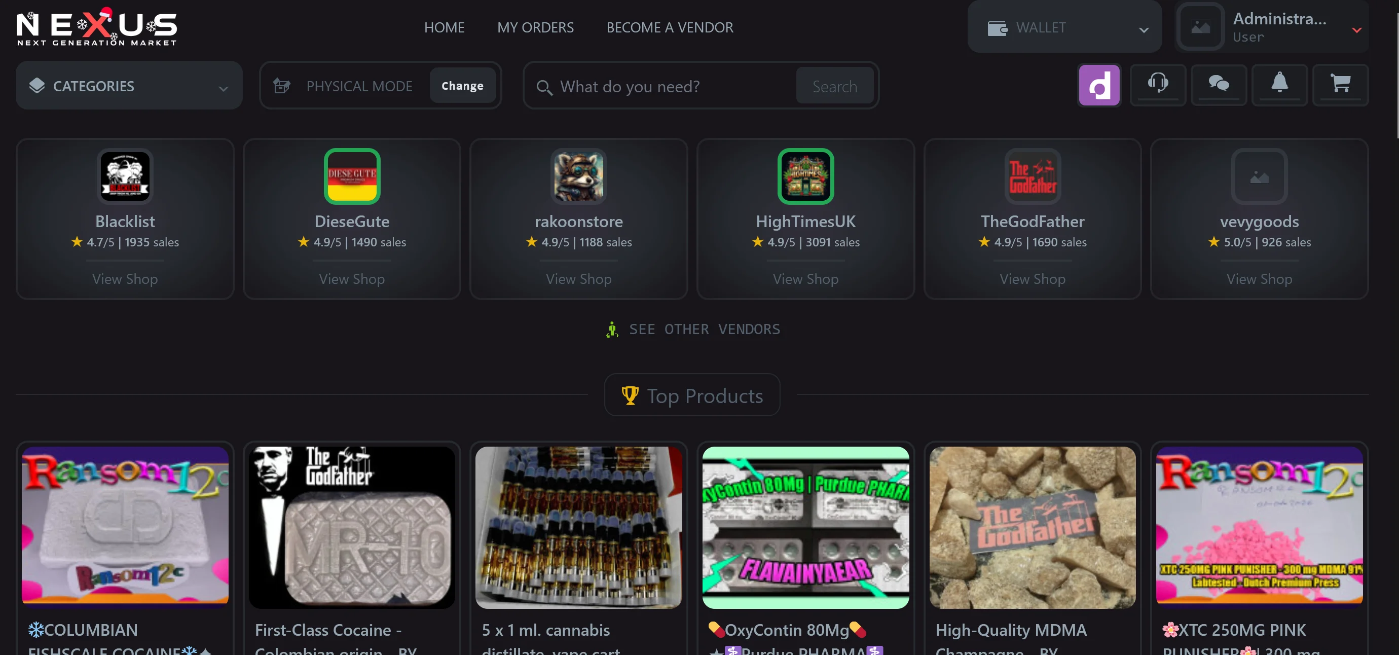 Nexus Market darknet homepage interface showing clean modern design