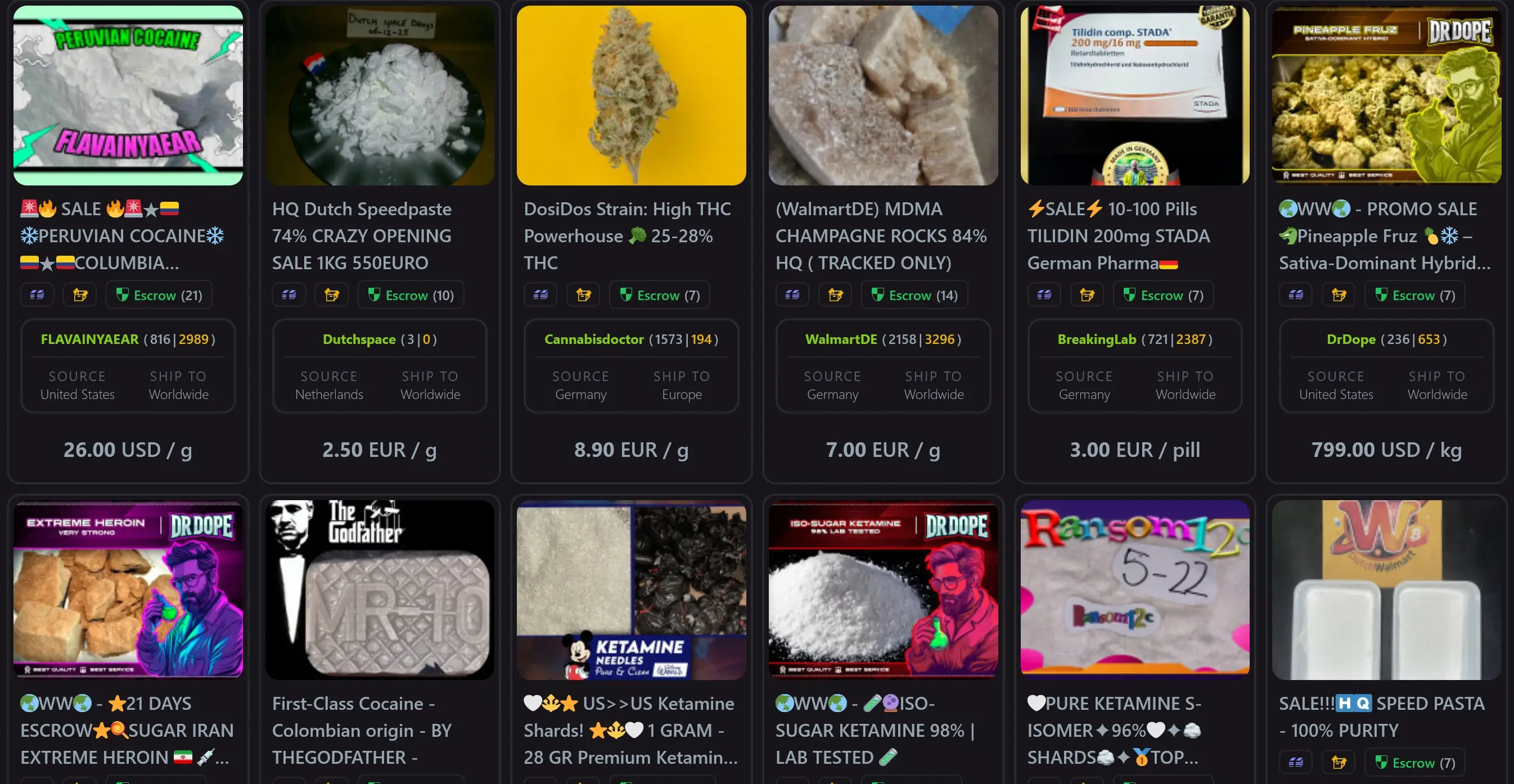 Nexus Market product listings page showing vendor items and prices
