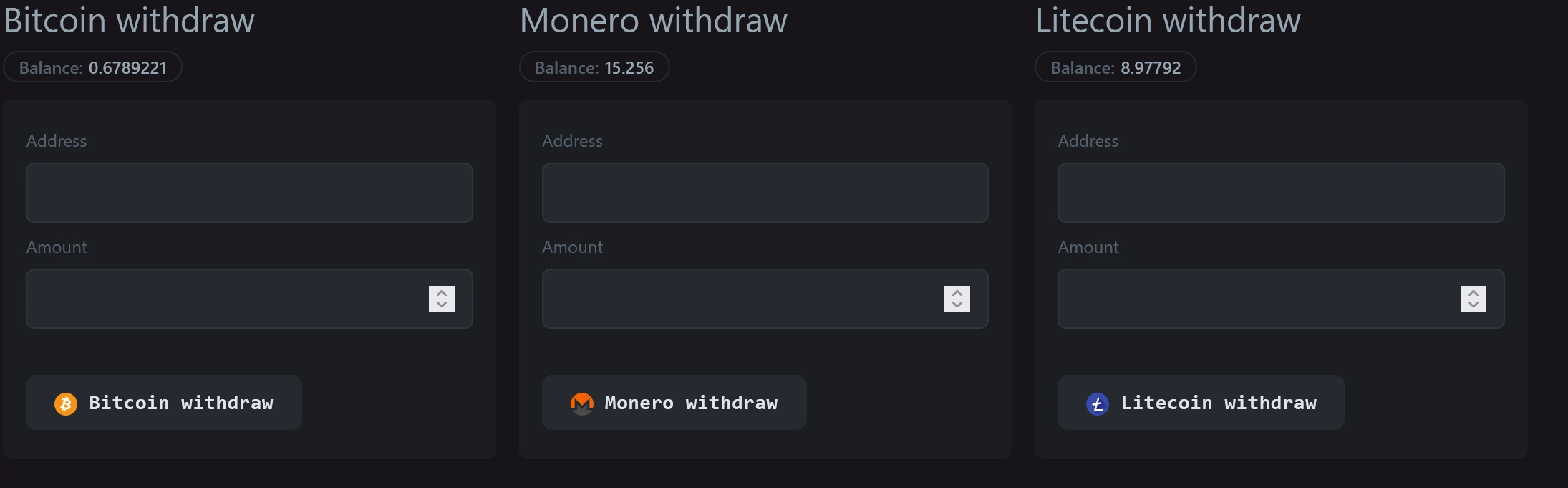 Nexus Market wallet and deposit interface showing Bitcoin and Monero options